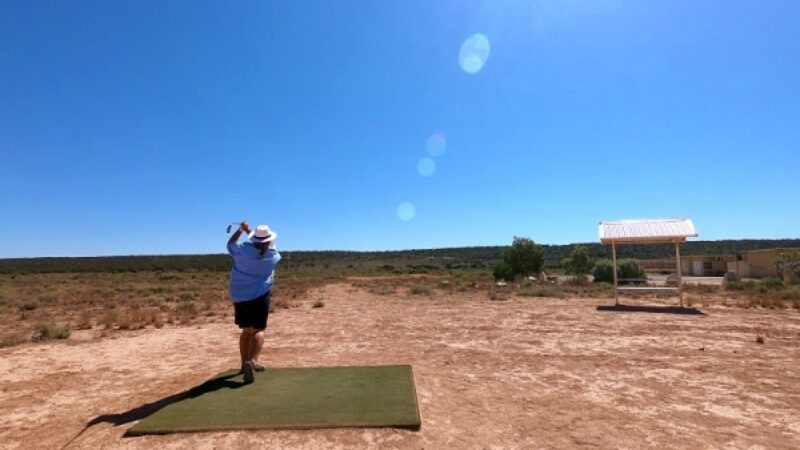 Finchy playing the longest golf course in the world at Mundrabilla on the Nullarbor