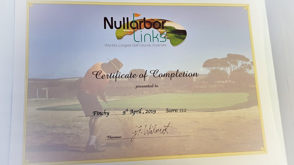 Finchys Certificate for completing the Worlds Longest Golf Course